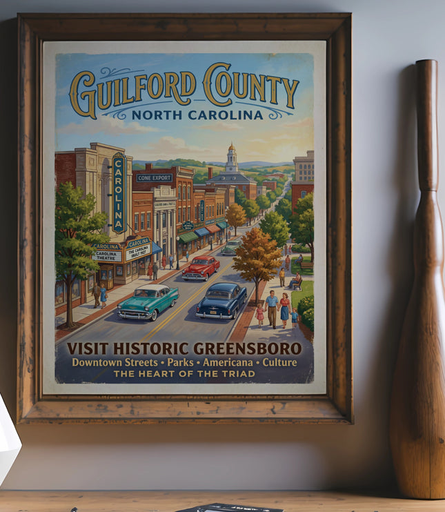 Vintage poster of Guilford County, North Carolina, showing historic Greensboro downtown.