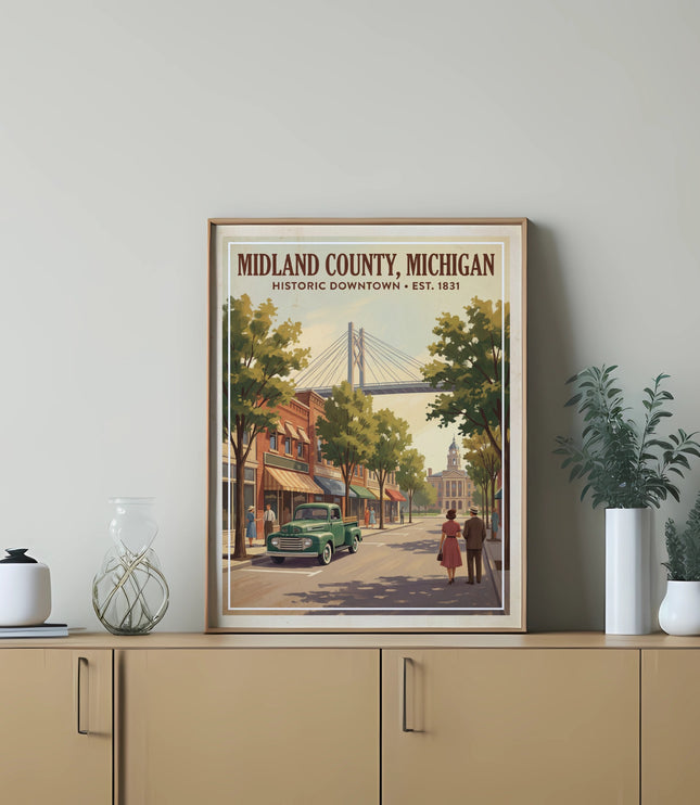 Midland County, Michigan Historic Downtown Est. 1831 poster with bridge and vintage truck.
