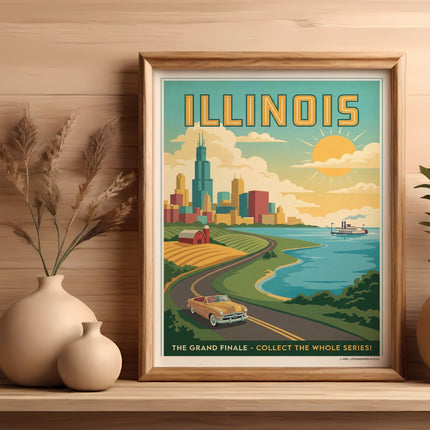 Framed Illinois travel poster showing a cityscape, highway, and ocean with text "ILLINOIS THE GRAND FINALE".