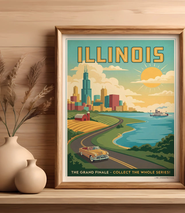 Framed Illinois travel poster showing a cityscape, highway, and ocean with text "ILLINOIS THE GRAND FINALE".