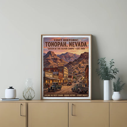 Visit Historic Tonopah, Nevada poster featuring a vintage street scene and mountains.