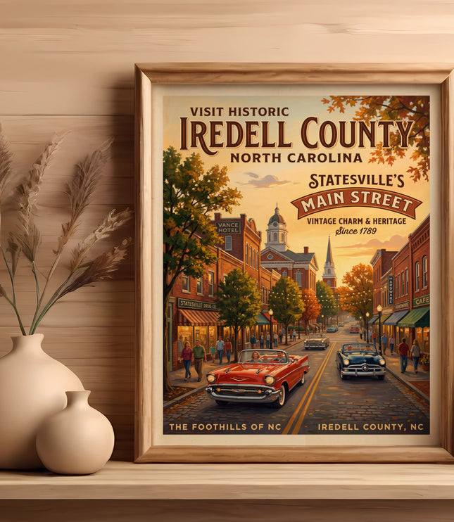 Iredell County vintage travel poster depicting Statesville's Main Street.