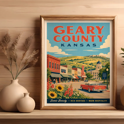 Vintage poster for Geary County, Kansas, featuring a red car and town buildings.