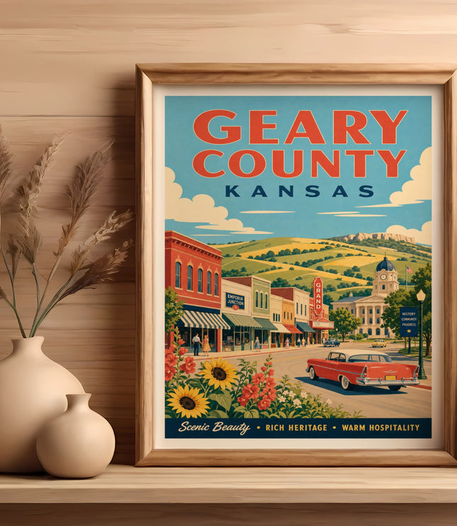 Vintage poster for Geary County, Kansas, featuring a red car and town buildings.