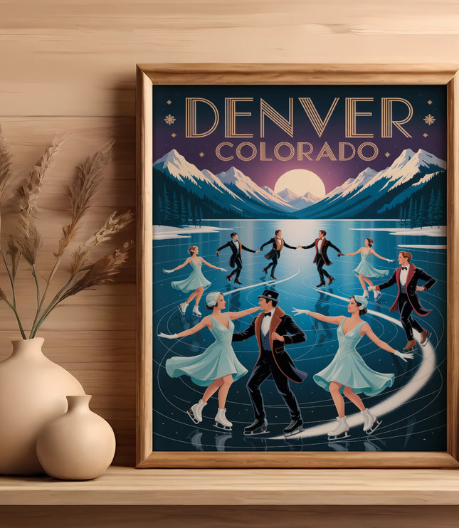 Ice skaters on a frozen lake under a starry sky in Denver, Colorado.