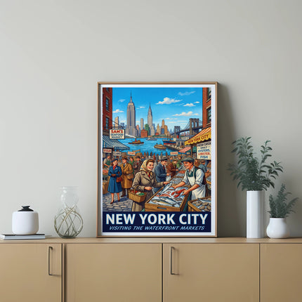 Vintage New York City waterfront market poster showing seafood stalls and buildings.