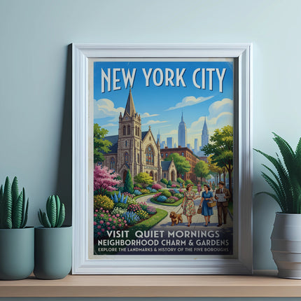 New York City travel poster with church, flowers, city skyline, and couple walking dog.
