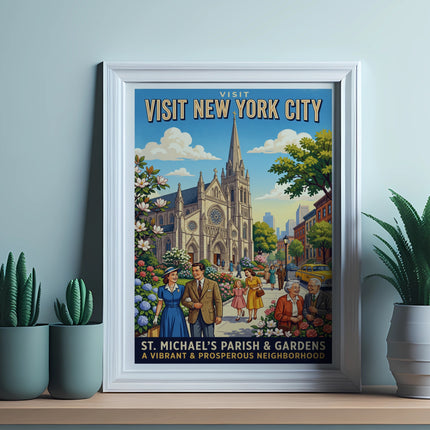 Vintage poster depicting St. Michael's Parish and Gardens in New York City.