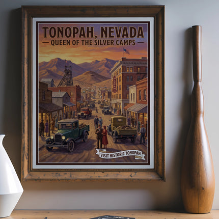 Vintage poster of Tonopah, Nevada with mining town scene and text "Tonopah, Nevada - Queen of the Silver Camps".
