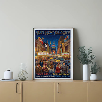 Vintage New York City "Theater District" poster with "Visit New York City" title.