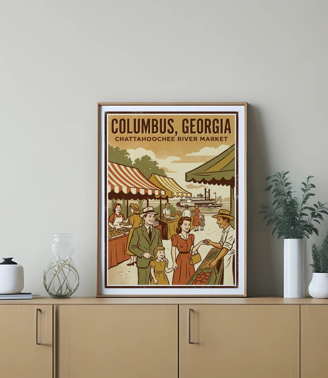 Columbus, Georgia Chattahoochee River Market vintage poster with people and boats.