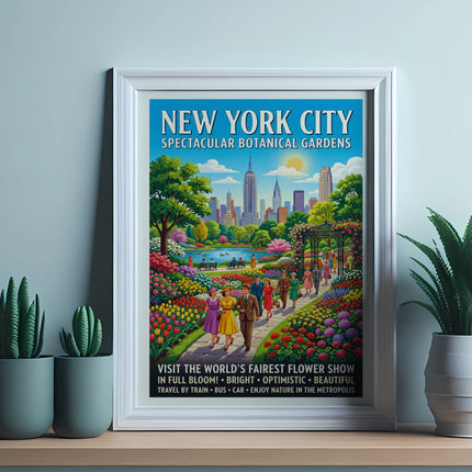 New York City Botanical Gardens poster with crowds and flowers.