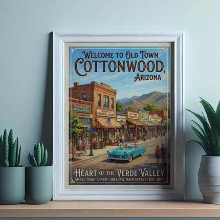 Vintage poster of Cottonwood, Arizona, showing a street scene with shops, a teal convertible, and mountains.