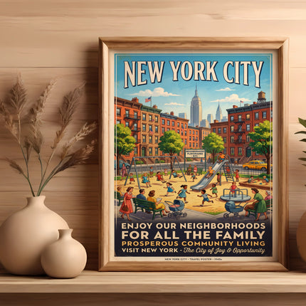 New York City travel poster, 1940s, with families enjoying a playground.
