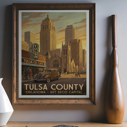 Framed Tulsa County Oklahoma Art Deco Capital poster with vintage car and buildings.