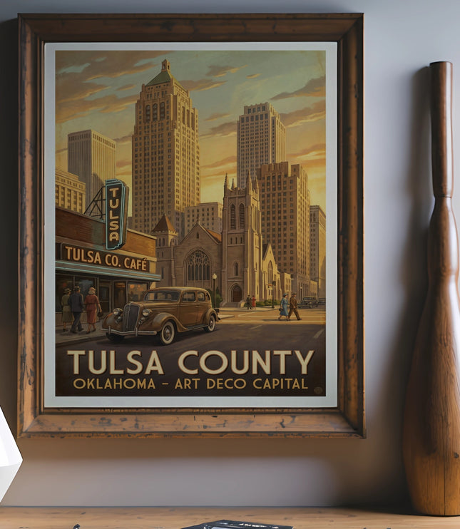 Framed Tulsa County Oklahoma Art Deco Capital poster with vintage car and buildings.
