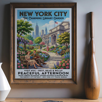 New York City poster: The Charming Library Garden, Visit NYC, Peaceful Afternoon.