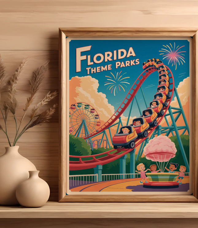 Framed poster with text "Florida Theme Parks" above a roller coaster and Ferris wheel.
