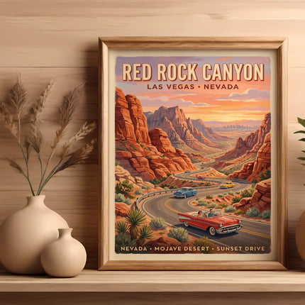 Red Rock Canyon Las Vegas Nevada poster with vintage cars driving on a desert road.