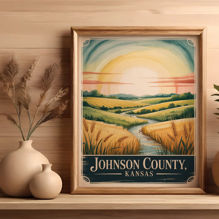 Framed artwork depicts a sunny Kansas landscape with fields and a winding river.