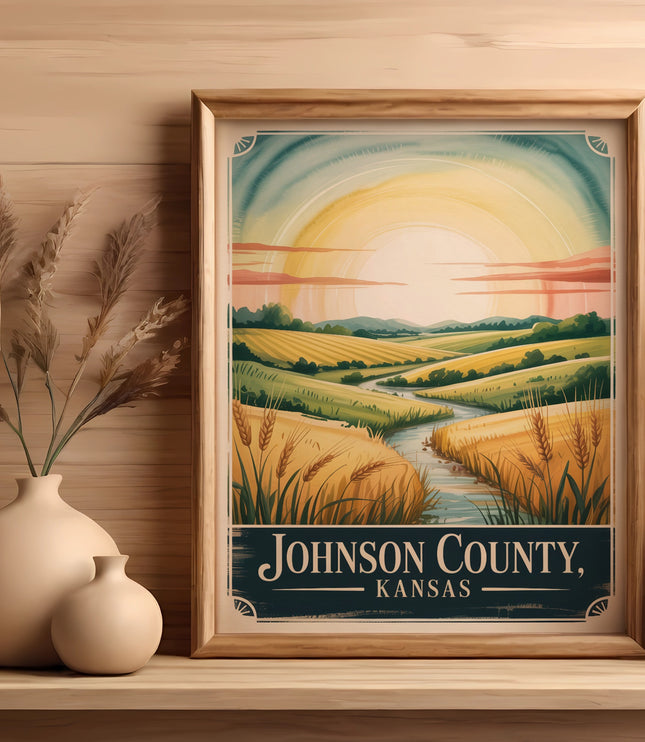 Framed artwork depicts a sunny Kansas landscape with fields and a winding river.