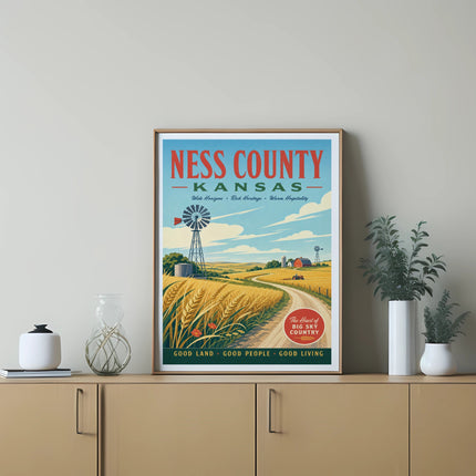 Ness County Kansas poster with wheat fields, windmill, and barn, text highlights rural themes.