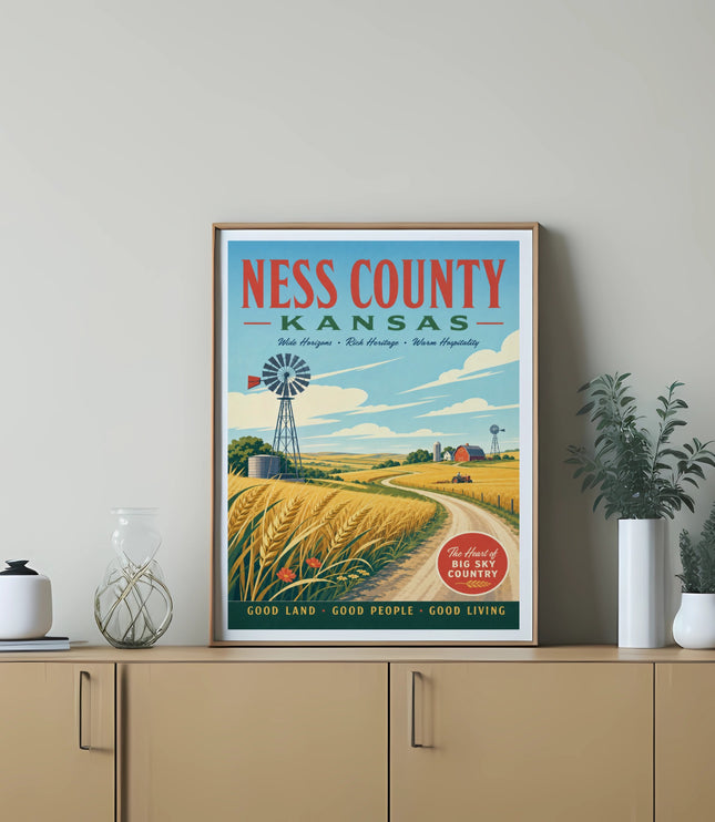 Ness County Kansas poster with wheat fields, windmill, and barn, text highlights rural themes.