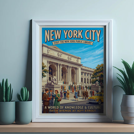 New York Public Library poster with people, text, and yellow taxi.