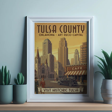 Framed art for Tulsa County, Oklahoma, featuring Art Deco buildings and the text "Visit Historic Tulsa."