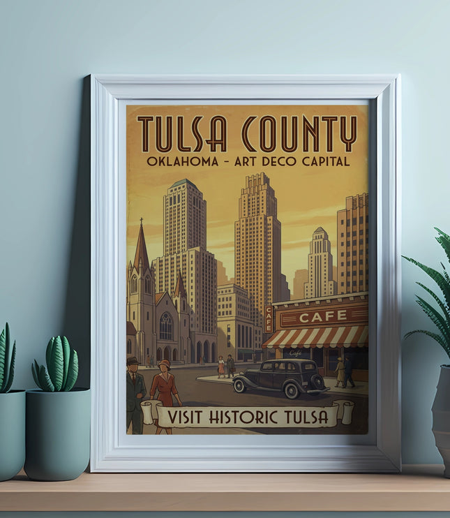 Framed art for Tulsa County, Oklahoma, featuring Art Deco buildings and the text "Visit Historic Tulsa."