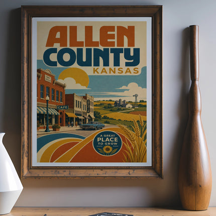 Vintage Allen County Kansas travel poster with wheat fields and town buildings.
