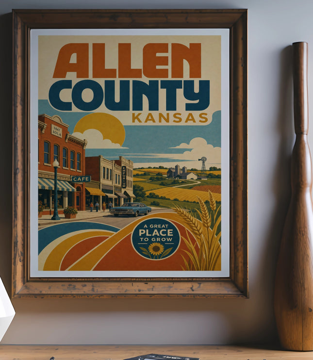 Vintage Allen County Kansas travel poster with wheat fields and town buildings.