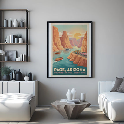 Poster of Page, Arizona with scenes of boats and cars in a canyon landscape.
