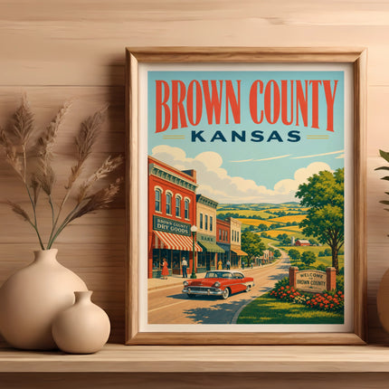 Retro Brown County, Kansas travel poster with vintage car and scenic landscape.
