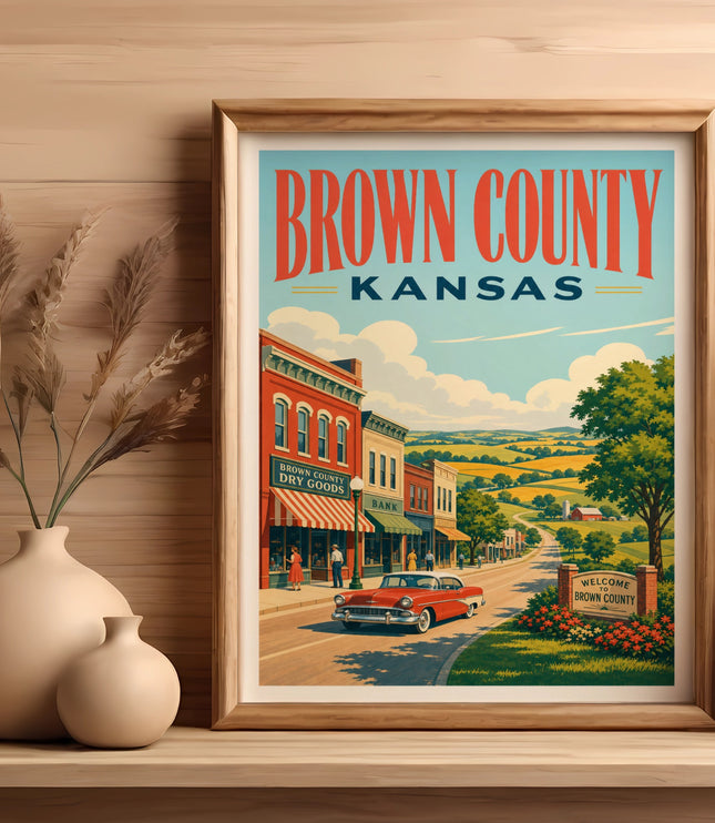 Retro Brown County, Kansas travel poster with vintage car and scenic landscape.
