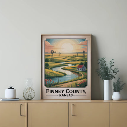 Vintage poster of Finney County, Kansas landscape with windmills and farmhouse.