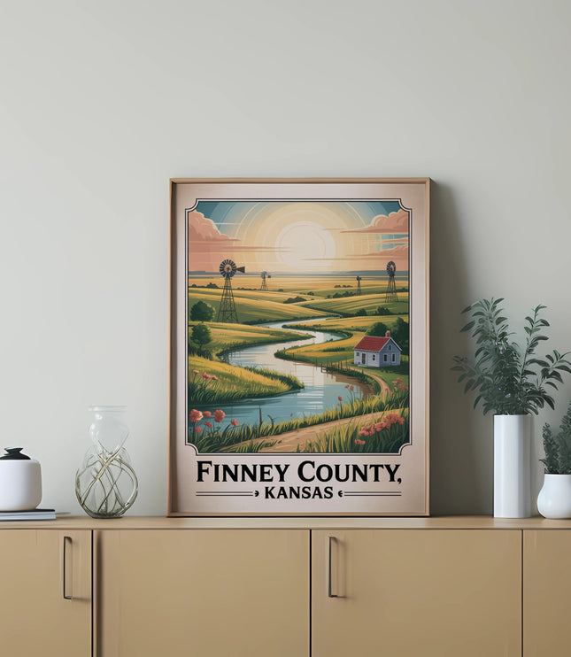 Vintage poster of Finney County, Kansas landscape with windmills and farmhouse.