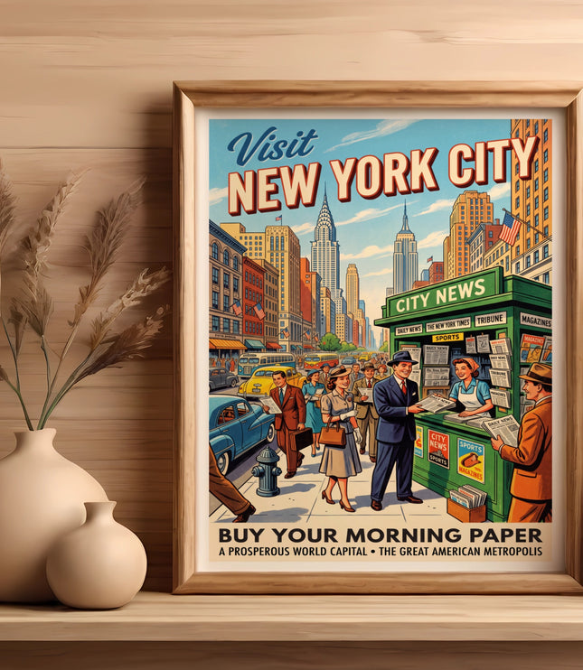 Vintage poster of "Visit New York City" with skyline and busy street scene.