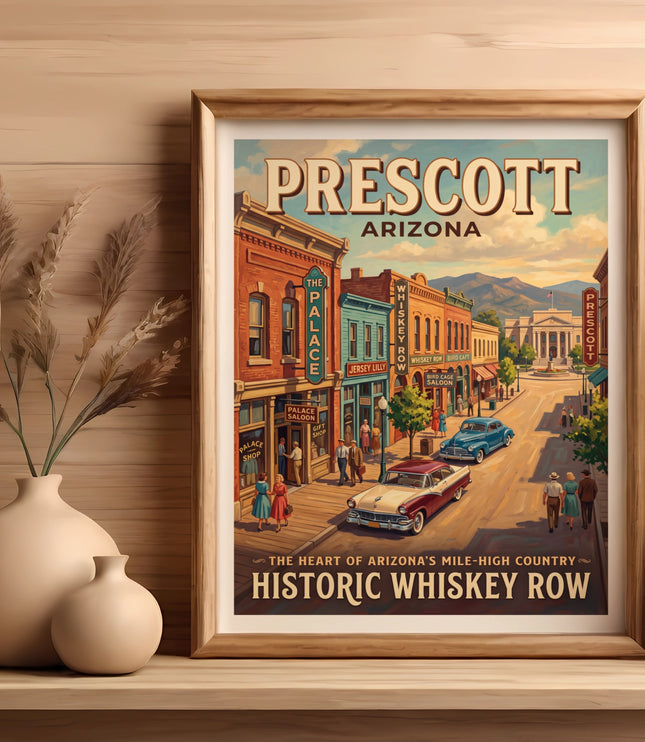 Prescott Arizona Historic Whiskey Row vintage travel poster with cars and buildings.