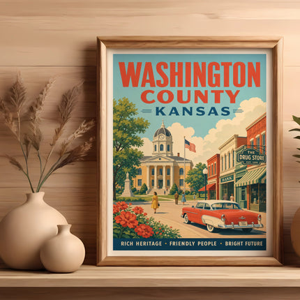 Vintage Washington County, Kansas travel poster with town buildings and car.