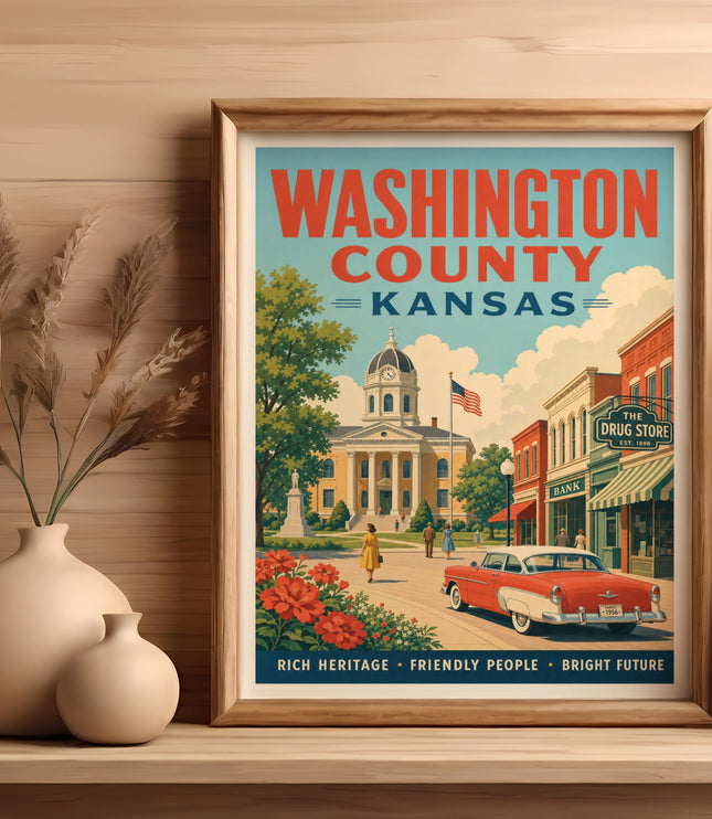 Vintage Washington County, Kansas travel poster with town buildings and car.