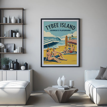 Vintage poster of Tybee Island, Georgia's playground, with people on a beach.