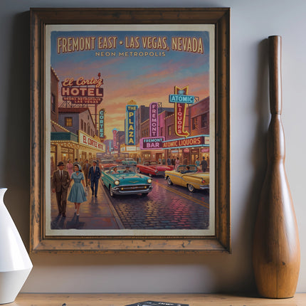 Fremont East Las Vegas, Nevada travel poster with neon signs and classic cars.