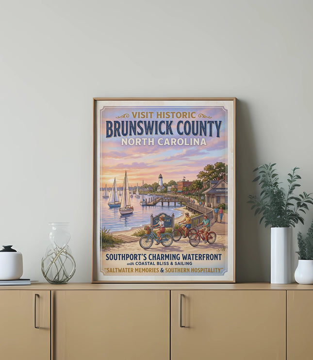 Brunswick County North Carolina poster featuring Southport's charming waterfront with sailboats.