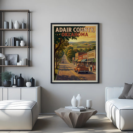 Adair County, Oklahoma vintage travel poster with town street scene and train.