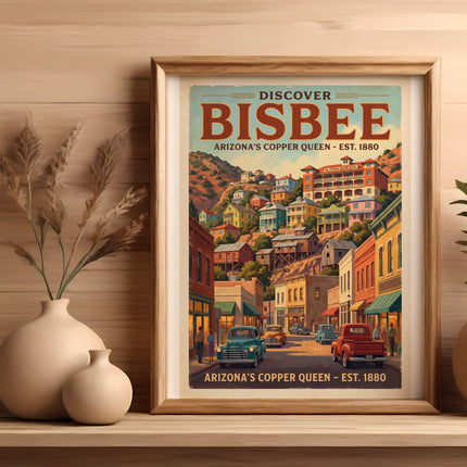 Discover Bisbee Arizona Copper Queen poster with vintage cars and buildings.