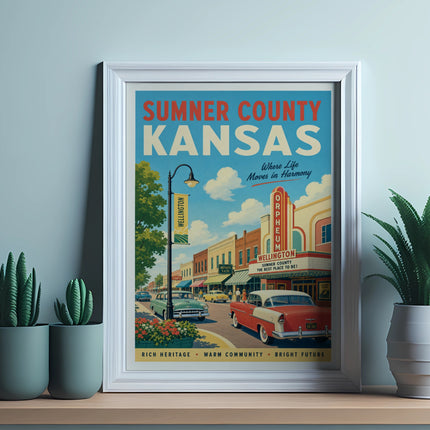 Sumner County, Kansas vintage poster for Wellington featuring retro cars and buildings.