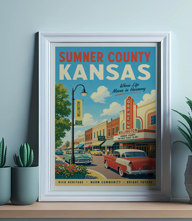 Sumner County, Kansas vintage poster for Wellington featuring retro cars and buildings.