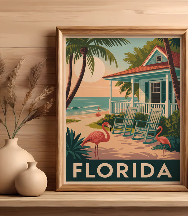 Framed Florida artwork features flamingos and a beach house with rocking chairs.