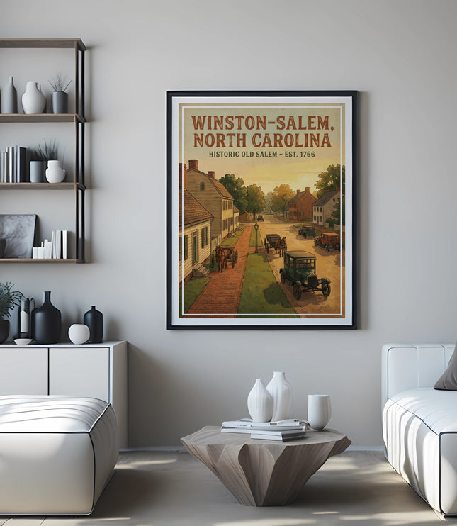 Vintage poster of Winston-Salem, North Carolina, historic old Salem est. 1766.